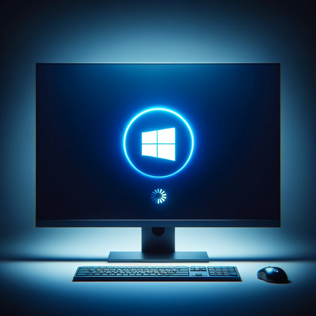 Dark computer screen on a desk with windows loading and updating.