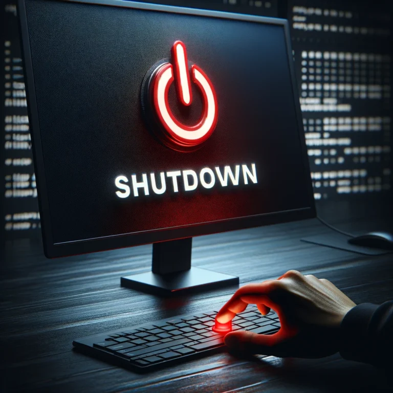 a computer screen with text shutdown with a power off button glowing red with a human pressing it