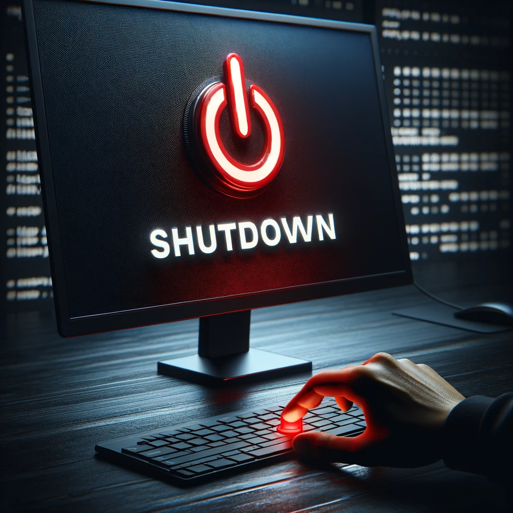 a computer screen with text shutdown with a power off button glowing red with a human pressing it
